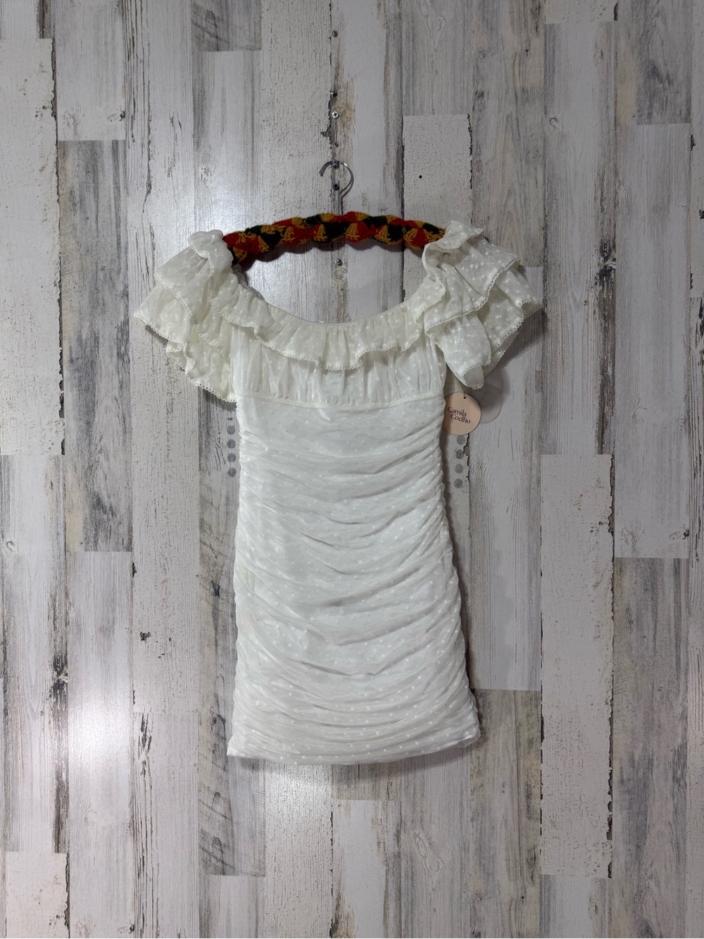 Camila Coelho Lace Ruched Cream Off-Shoulder Ruffle Mini Dress